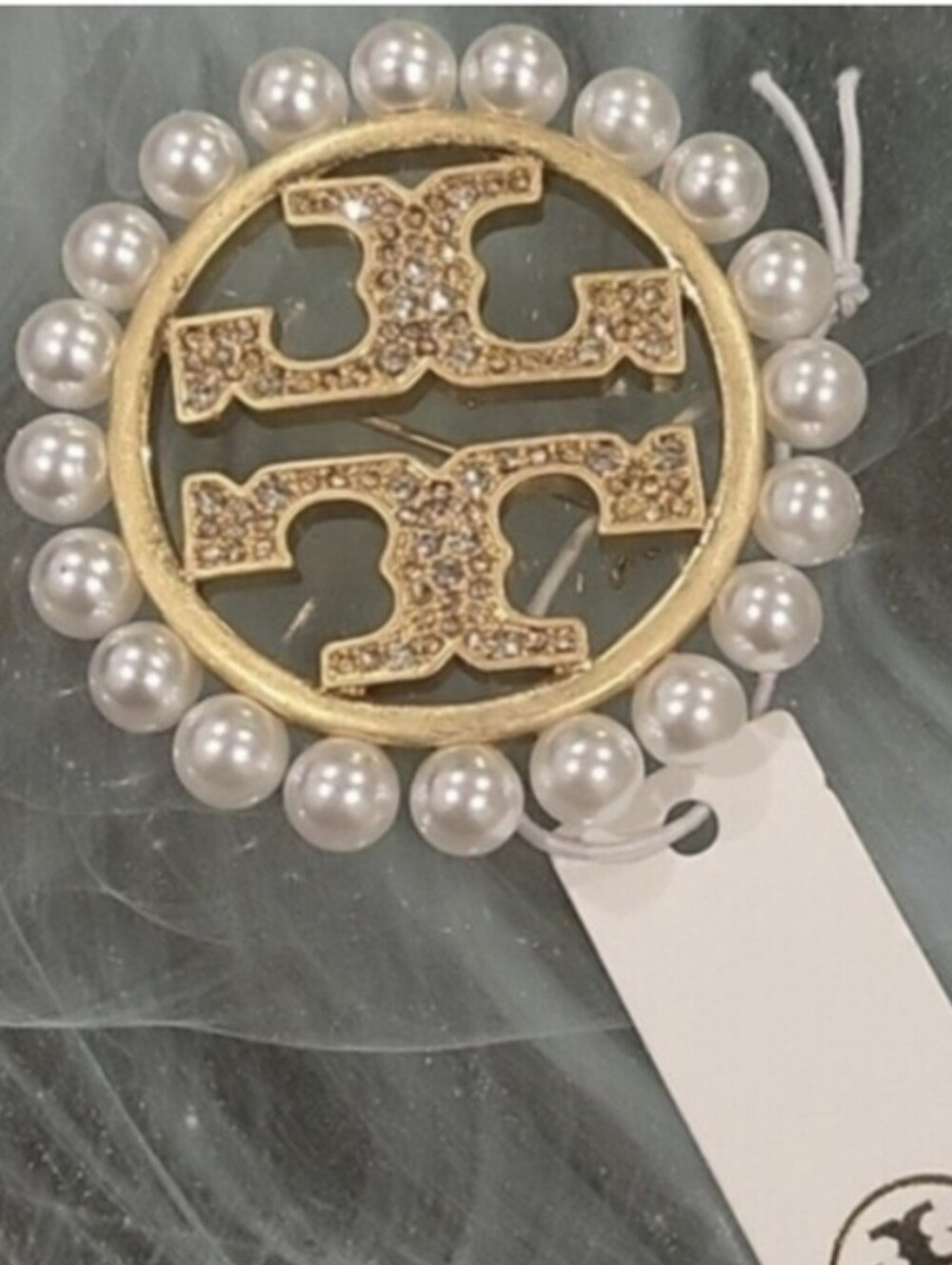 Tory Burch Gold-Tone Logo Brooch with Pearl Trim